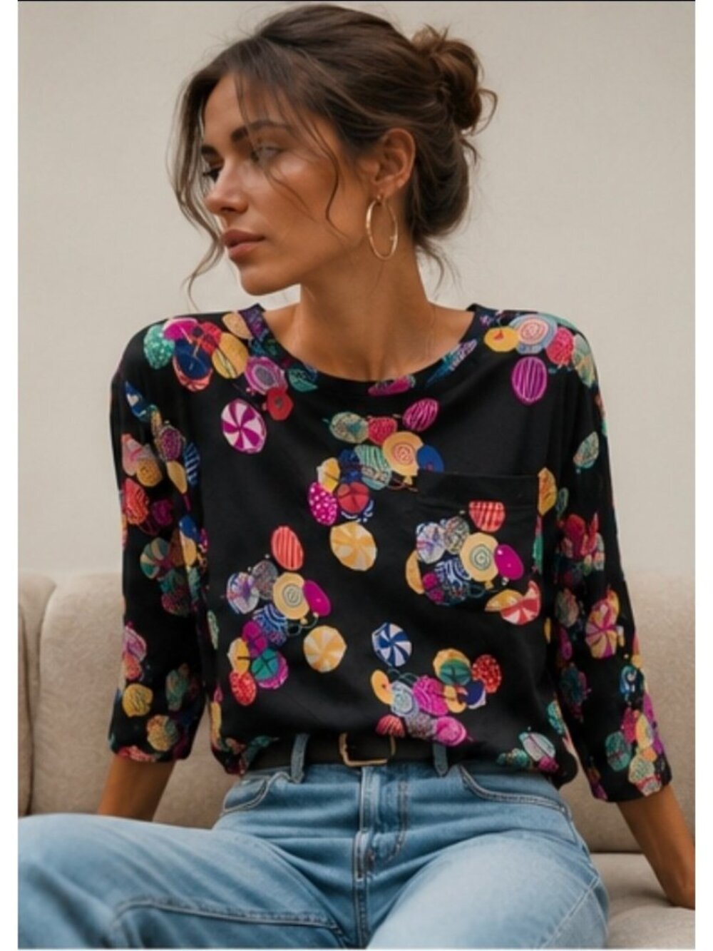 Vintage Julie Francis 100% Silk Black Colorful Print Rhinestone Blouse Size 6